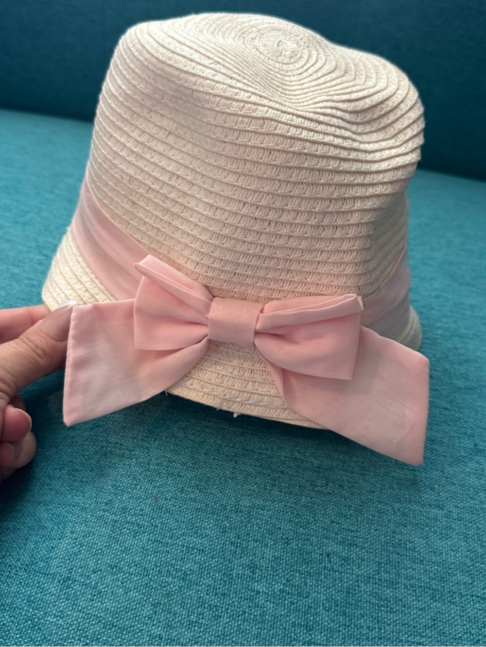 H&M Cream Straw Hat with Pink Bow - Kids Accessories